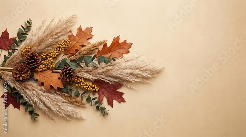 Pampas grass and autumn leaf horizontal arrangement.