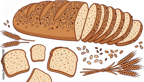 Foto Whole grain sliced bread vector illustration with wheat ears and cereal seeds is
