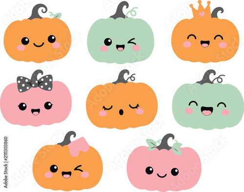 Cute kawaii pumpkin set for fall autumn harvest celebration flat sticker