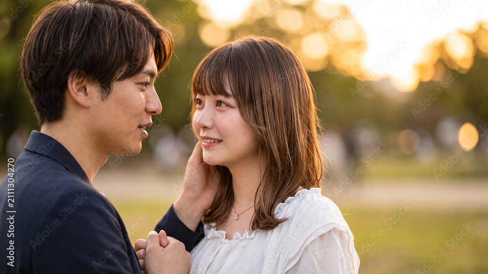 Fototapeta premium Romantic young couple looking into each other eyes with tenderness in a park at sunset