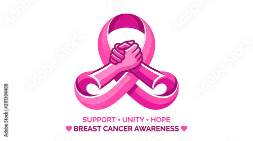 Breast cancer awareness graphic with clasped hands and pink ribbon symbol for unity.