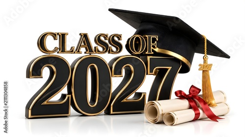 3D render of class of 2027 text with graduation cap and diploma on a white background