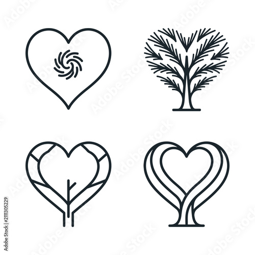 Four heart-shaped designs featuring natural elements, illustrating love and nature's connection