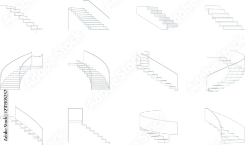 Modern staircase collection, architectural line art vector illustration featuring straight and curved stair designs for construction