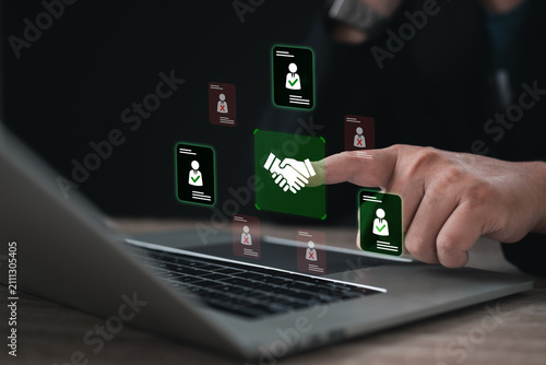 Business partnership selection interface highlighting approved collaborators through profile evaluation and successful agreement, representing partner matching, strategic collaboration, vendor selecti