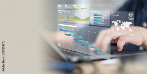 Corporate business agent reviewing ai dashboard statistic indicator presenting marketing performance datum using interactive pie chart infographic report during strategy presentation