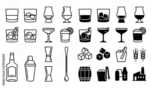 Bild auf Leinwand Whiskey and Cocktail Icon Set with Bar Glass Shaker Bottle and Ice Cube Symbols