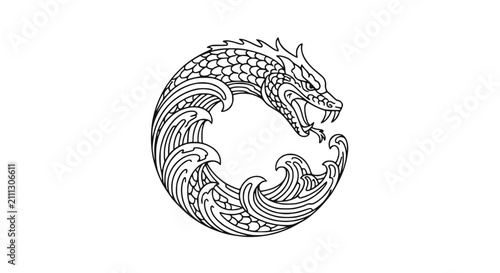 Canvastavla Mythical Sea Dragon Head with Ocean Waves in Circular Tattoo Line Art Style