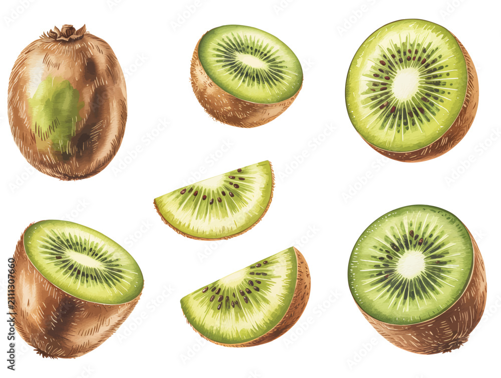 Fototapeta premium Hand-Painted Kiwi Botanical Illustration Set