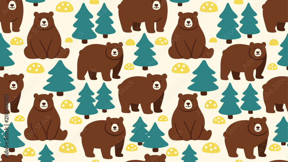 Obraz premium Cute Brown Bear and Evergreen Tree Woodland Seamless Pattern for Kids Design. Flat vector illustration EPS 10.