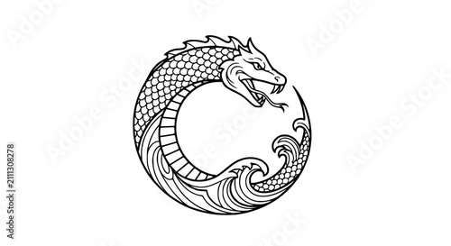 Photos Mythical Sea Monster Dragon with Scales and Waves in Circular Tattoo Style