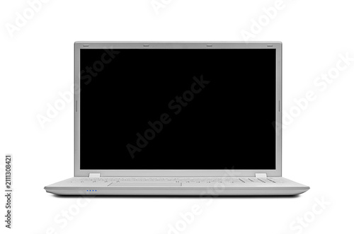 A modern laptop with a black blank screen is open and facing forward against a clean white background.