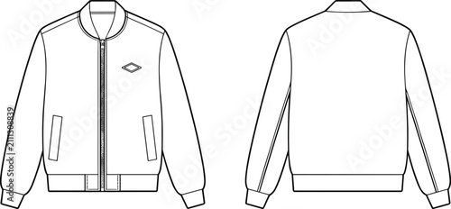 Tableau sur toile Technical fashion flat sketch of a stylish bomber jacket featuring a zipper clos