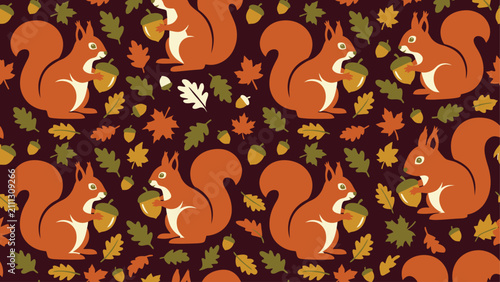 Seamless Autumn Pattern with Cartoon Squirrels Holding Acorns and Fall Leaves on Dark Background. Flat vector illustration EPS 10.