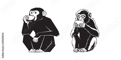 Canvas Print Two monkeys sitting and drinking from cups
