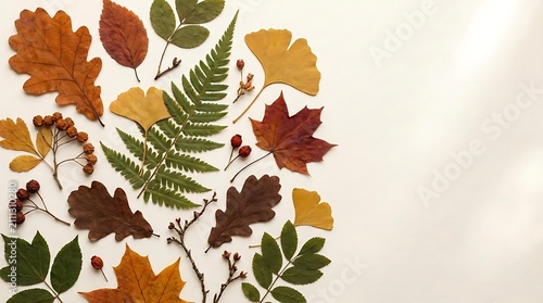Scattered autumn leaves with soft shadow on light background.