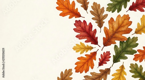 Scattered autumn oak and maple leaves on white.