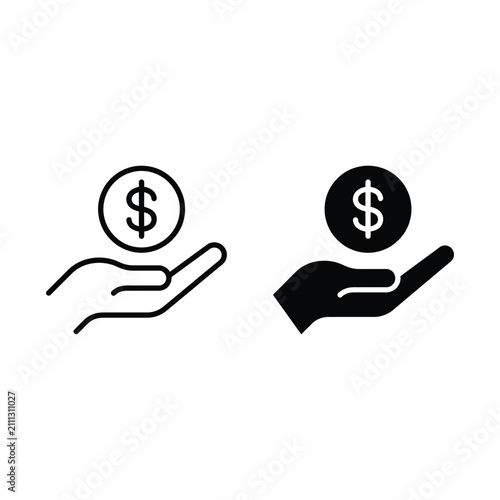 Obraz na plátne Two variations of a hand holding a dollar sign icon presented in line art and so
