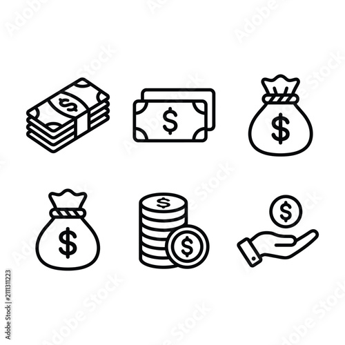 A set of six black line art icons depicting various forms of money including banknotes coins and moneybags on a