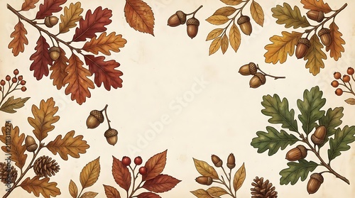 Scattered oak leaves and acorns autumn pattern border.