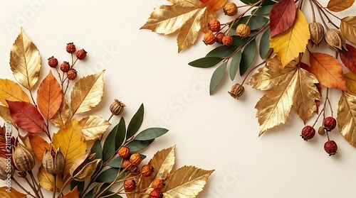 Scattered golden and red autumn leaves on beige background.