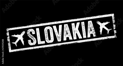 SLOVAKIA text stamped inside a rectangular badge featuring airplanes, representing international journeys, aviation tourism, flight destinations, also geographical country identification symbols.