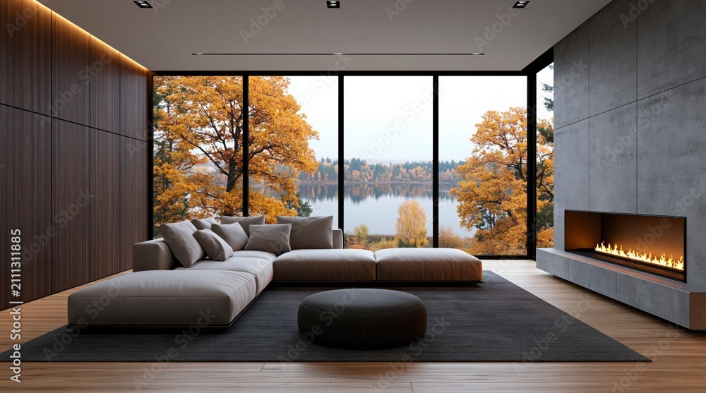 Obraz premium Interior design of a luxury living room with modern fireplace and autumn forest