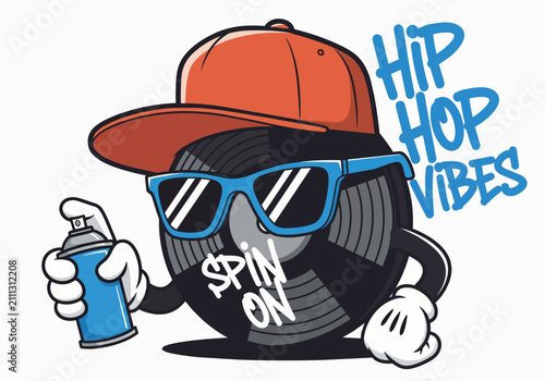 Cartoon vinyl record character with sunglasses and cap, holding spray can, isolated on transparent alpha background, perfect for music events, graphic design and cultural promotion.