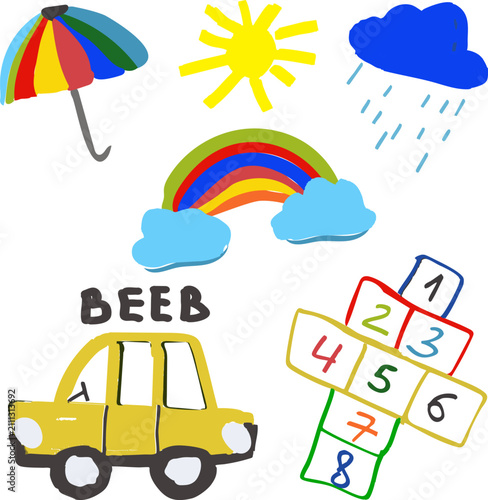 Fotografie Set containing a car, rainbow, sun, rain cloud, umbrella, and hopscotch
