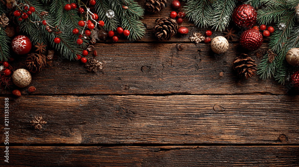 Obraz premium Festive Christmas background on dark wood featuring pine branches, cones, candy canes, red berries, angel wings, and gifts at top with copy space. 