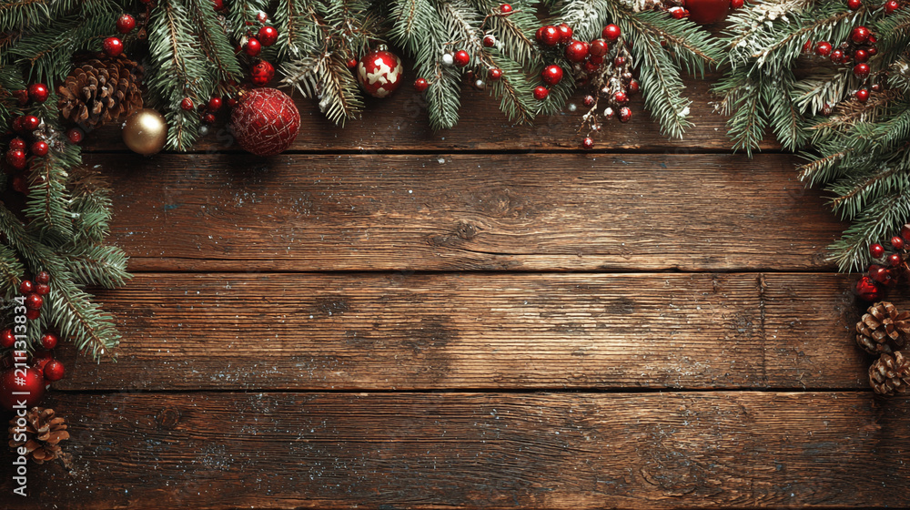 Obraz premium Festive Christmas background on dark wood featuring pine branches, cones, candy canes, red berries, angel wings, and gifts at top with copy space. 