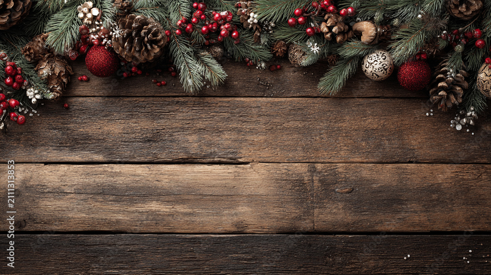 Obraz premium Festive Christmas background on dark wood featuring pine branches, cones, candy canes, red berries, angel wings, and gifts at top with copy space. 