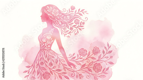 Artistic watercolor illustration showing silhouette of woman with floral hair design.