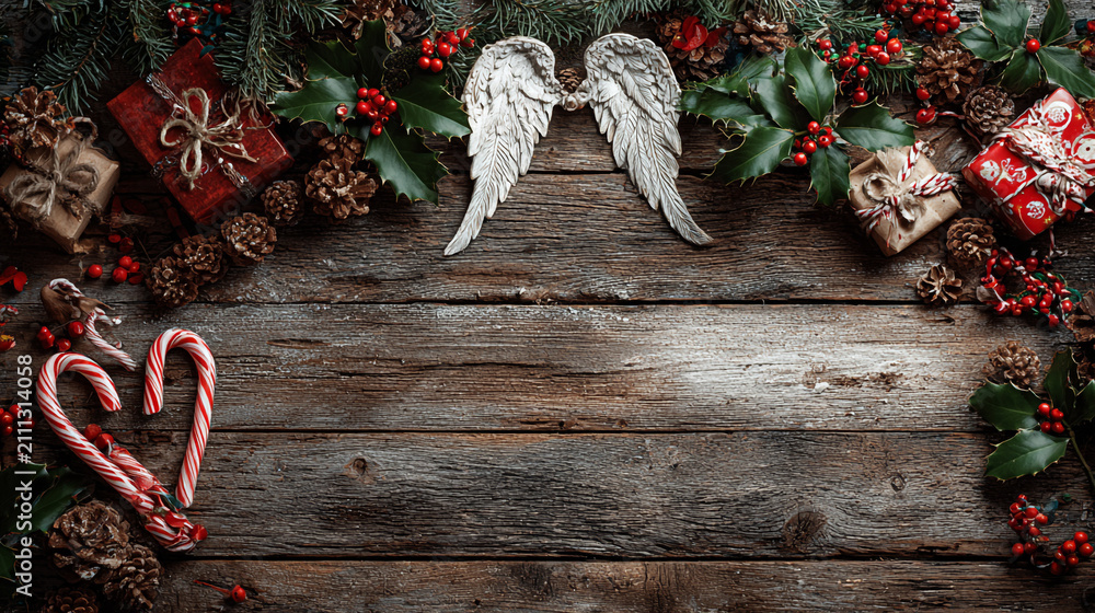 Obraz premium Festive Christmas background on dark wood featuring pine branches, cones, candy canes, red berries, angel wings, and gifts at top with copy space. 