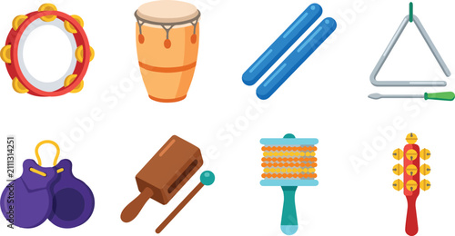Cuadro en lienzo Percussion instrument vector illustrations featuring tambourine, hand drum, r