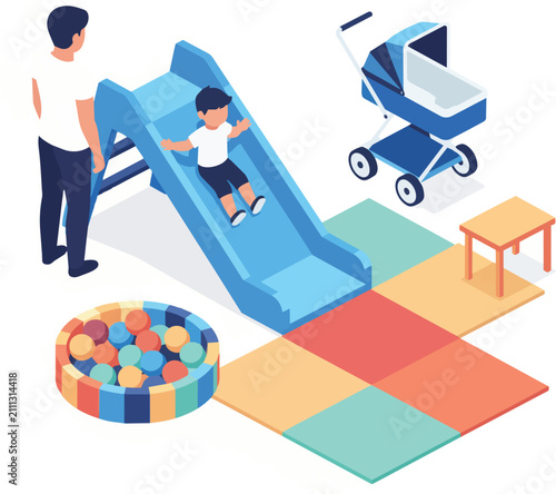 Father watching son slide down a blue playground slide with colorful ball pit and stroller, isometric view, ideal for family fun, childhood activities and daycare illustrations.
