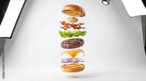 Deconstructed Gourmet Beef Burger with Floating Fresh Ingredients on a White Background