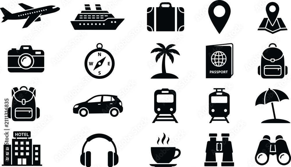 Fototapeta premium Global travel tourism and outdoor vacation black solid glyph icon set vector featuring transportation luggage map pins and beach elements,