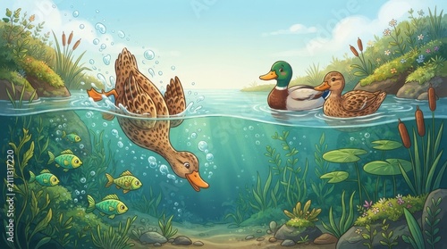Ducks swimming and diving in a peaceful pond