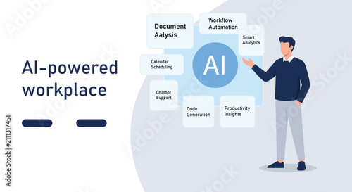 Man presenting AI workplace solutions. Business professional explaining digital automation.