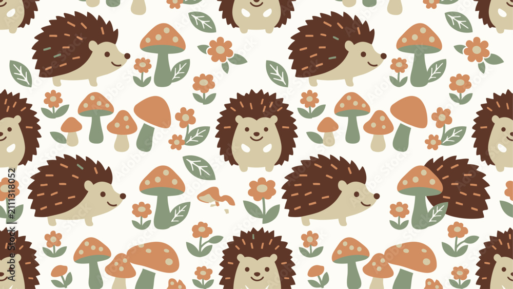 Obraz premium Whimsical Hedgehog and Mushroom Seamless Pattern Woodland Cartoon Illustration. Flat vector illustration EPS 10.