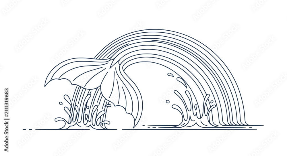 Fototapeta premium Minimalist Line Art Illustration of a Whale Tail Splashing in the Ocean with Rainbow Curve