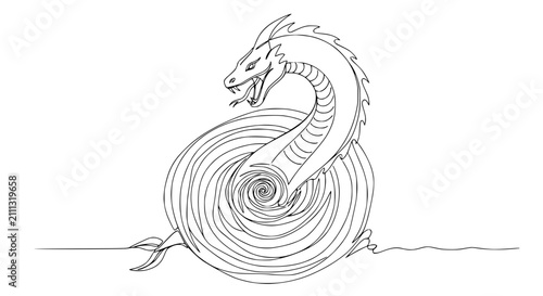 Foto Minimalist continuous line drawing of a sea serpent monster emerging from a whir