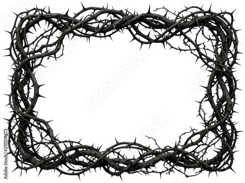 Black thorny branches frame isolated on transparent background. Dark gothic border concept for spooky designs.
