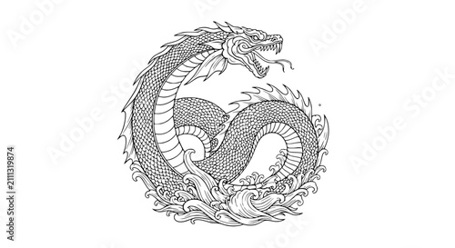 Fotografía Majestic Sea Dragon Serpent Emerging from Ocean Waves Line Art Illustration