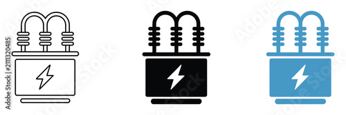 electrical transformer icons with power substation equipment, current transformer boxes, power station symbols and energy distribution vector illustration.