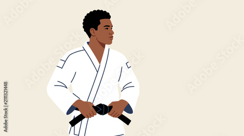 Martial artist wearing a white gi and black belt stands confidently in a minimalist illustration style.