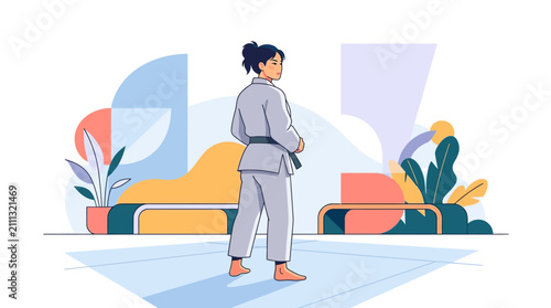 Martial artist wearing a white gi stands in a dojo setting with colorful abstract shapes in the background.