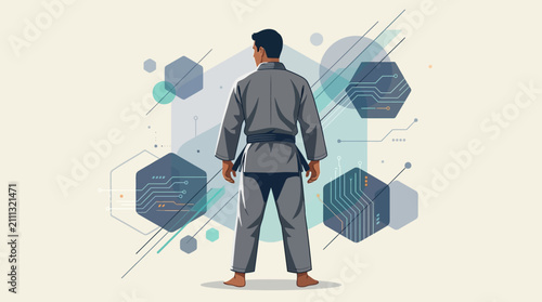 Martial artist wearing a black belt stands before futuristic digital circuitry patterns and geometric shapes.