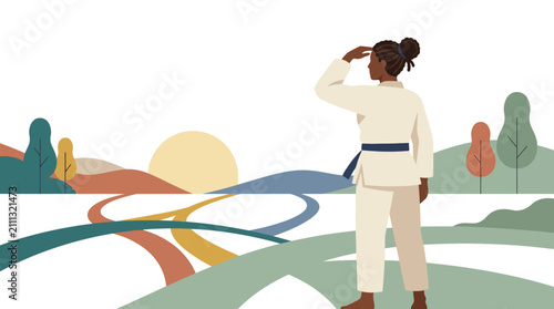 Martial artist wearing a blue belt stands on a hill looking toward a stylized sunrise over winding paths.